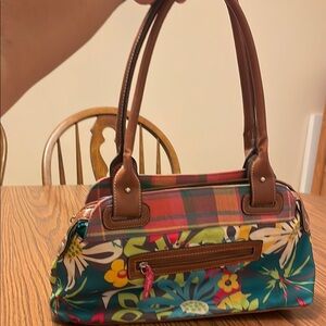 Lily Bloom Brown Satchel with Floral Pattern and Plaid Accent